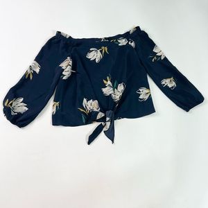 Amanda Uprichard Blouse Women's Large Silk Blue Floral Off-Shoulder Self Tie Top